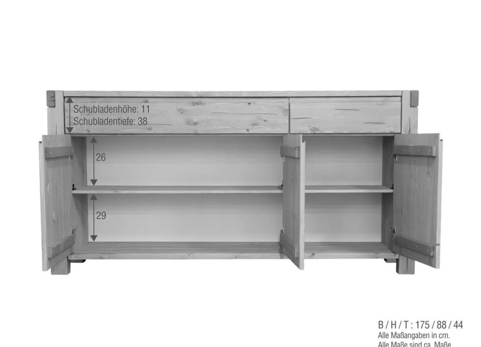 Sideboard 175x88cm "Dora" Kiefer massiv eichefarbig honig gebeizt & geölt