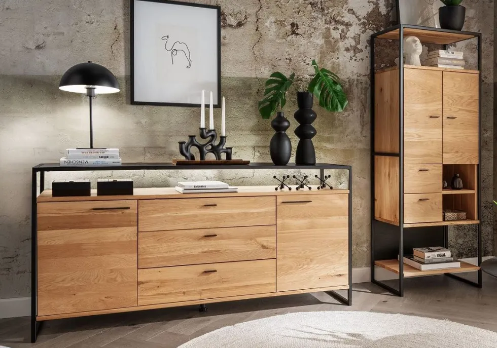 Sideboard 169x83cm "Glasgow" Wildeiche & Metall schwarz