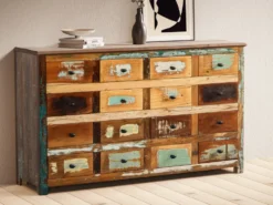 Sideboard 155x92cm 'Hawkins' recyceltes Altholz mehrfarbig lackiert 16 Schubkästen