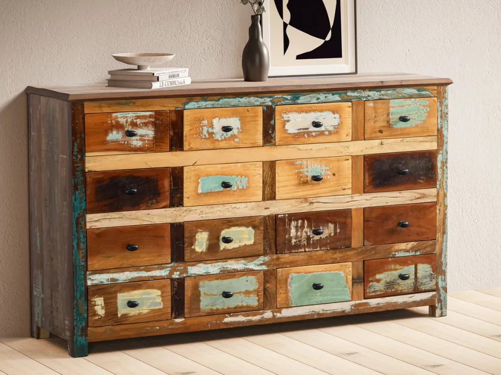 Sideboard 155x92cm 'Hawkins' recyceltes Altholz mehrfarbig lackiert 16 Schubkästen