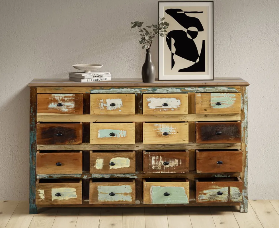 Sideboard 155x92cm 'Hawkins' recyceltes Altholz mehrfarbig lackiert 16 Schubkästen