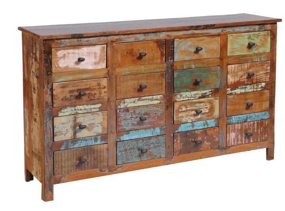 Sideboard 155x92cm 'Hawkins' recyceltes Altholz mehrfarbig lackiert 16 Schubkästen