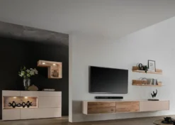 Sideboard 166x86cm 'Locarno II' Nussbaum massiv & MDF creme inkl.Beleuchtung
