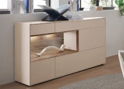 Sideboard 166x86cm 'Locarno II' Nussbaum massiv & MDF creme inkl.Beleuchtung