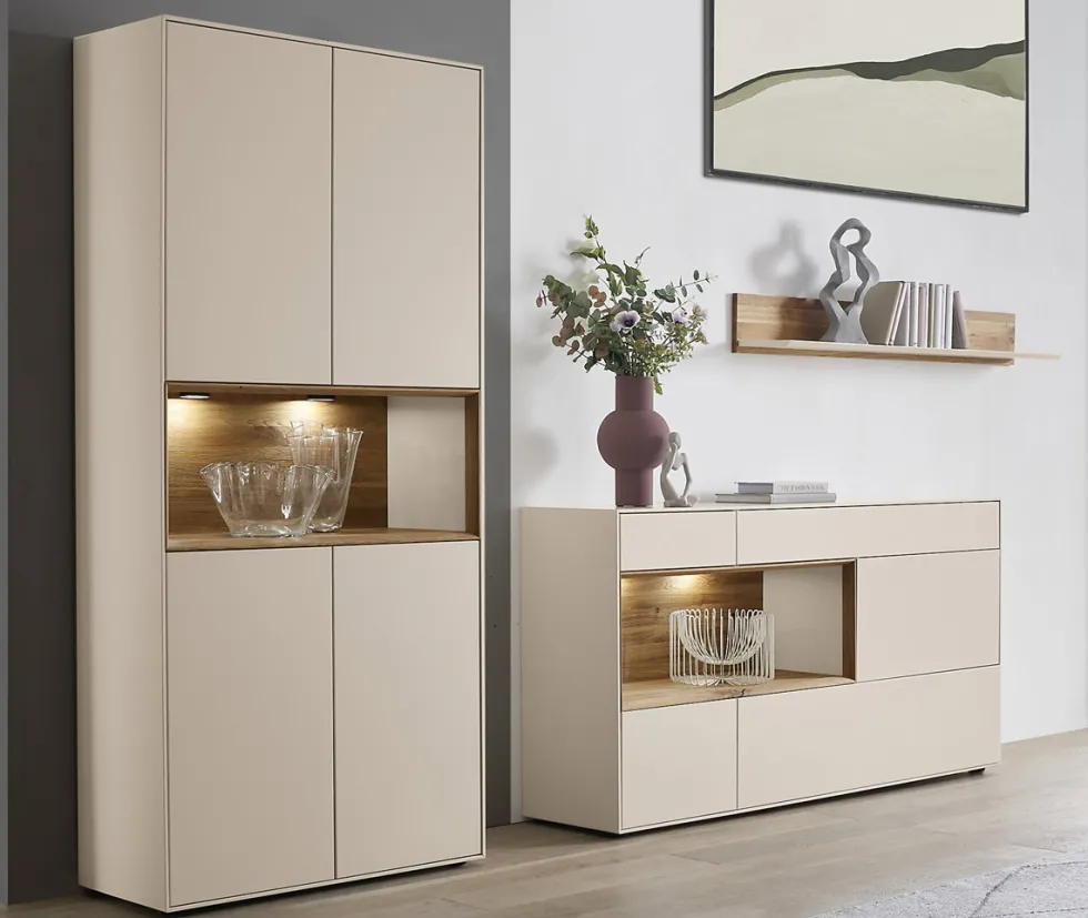 Sideboard 166x86cm 'Locarno' Wildeiche massiv & MDF creme inkl.Beleuchtung