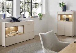 Sideboard 166x86cm 'Locarno' Wildeiche massiv & MDF creme inkl.Beleuchtung
