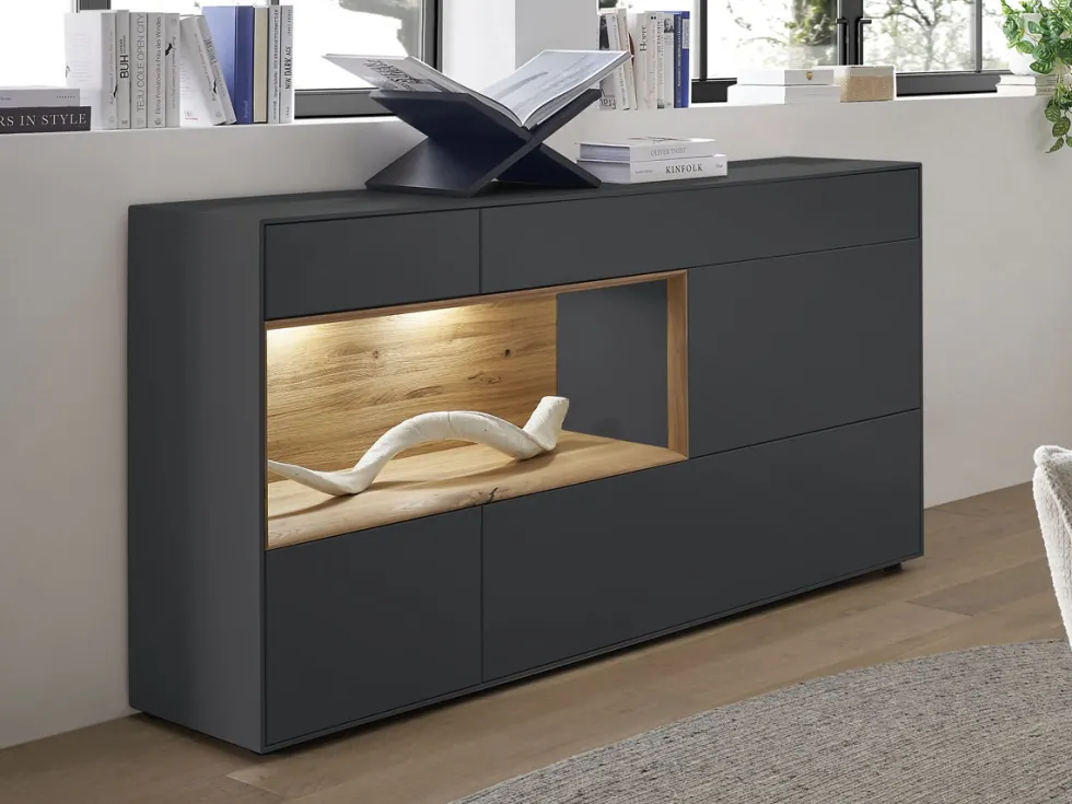Sideboard 166x86cm 'Locarno' Wildeiche massiv & MDF anthrazit inkl.Beleuchtung