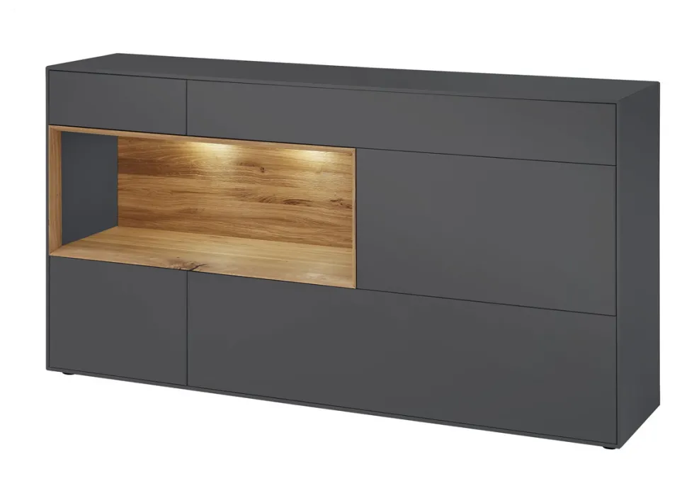 Sideboard 166x86cm 'Locarno' Wildeiche massiv & MDF anthrazit inkl.Beleuchtung