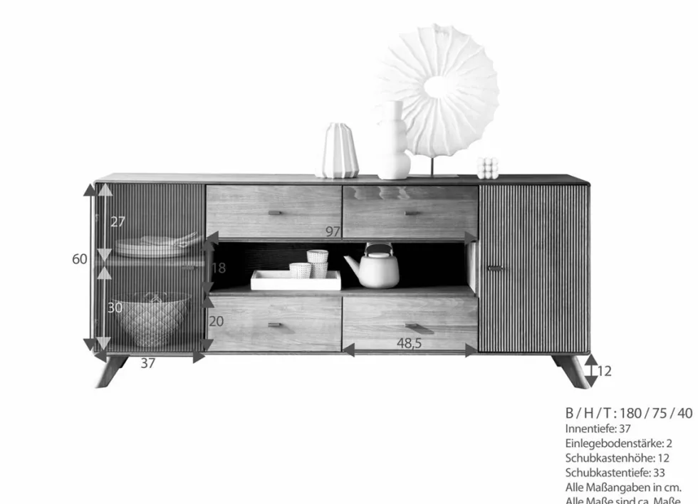 Sideboard 180x75cm "Lugano" Kernbuche massiv Tabak geölt