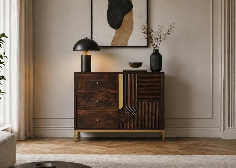 Sideboard 100x80cm 'Marvello' Mango braun & Metall goldfarbig