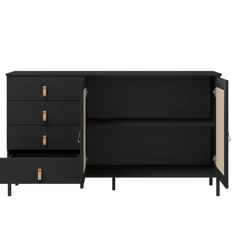 Sideboard 140x80cm 'Seattle' Kiefer massiv schwarz 4SK & 2 Türen