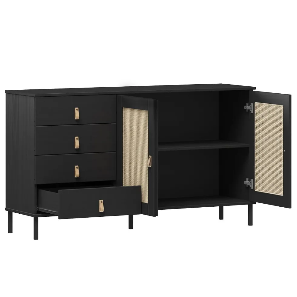 Sideboard 140x80cm 'Seattle' Kiefer massiv schwarz 4SK & 2 Türen