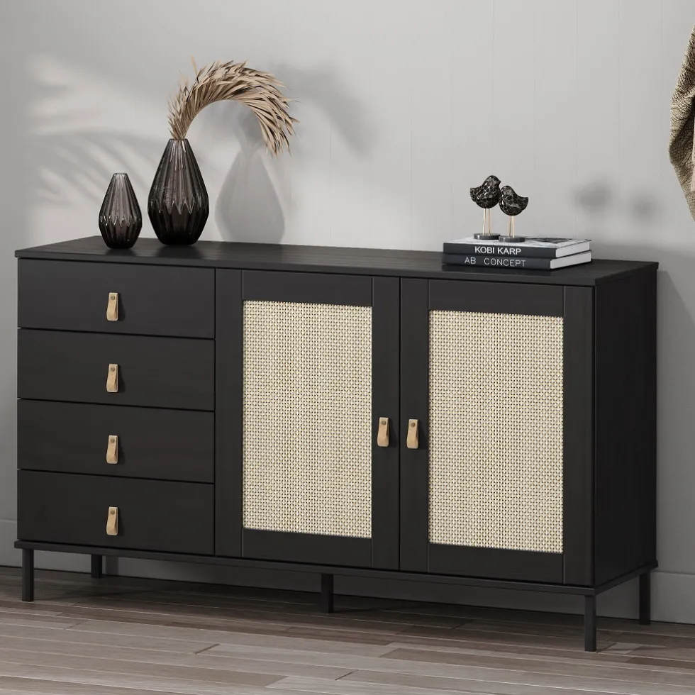 Sideboard 140x80cm 'Seattle' Kiefer massiv schwarz 4SK & 2 Türen