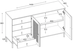 Sideboard 140x80cm 'Seattle' Kiefer massiv weiß 4SK & 2 Türen