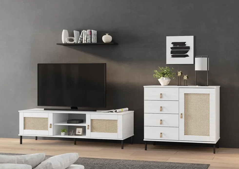 Sideboard 140x80cm 'Seattle' Kiefer massiv weiß 4SK & 2 Türen