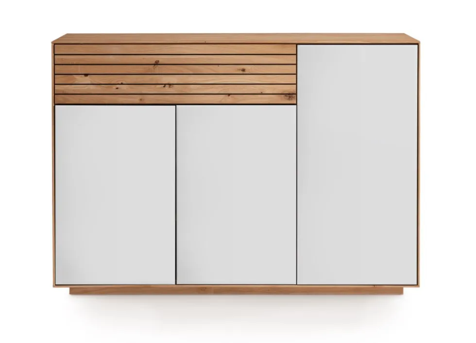 Sideboard 119x84cm "Trentino" Wildeiche & Glas weiß 3 Türen/1 SK