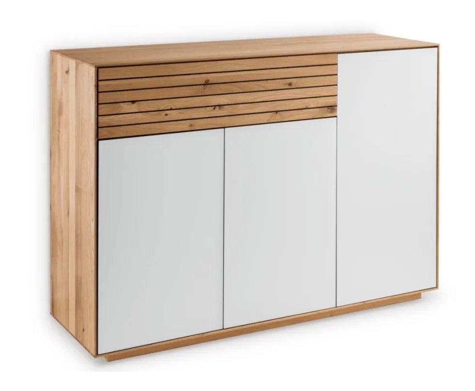 Sideboard 119x84cm "Trentino" Wildeiche & Glas weiß 3 Türen/1 SK