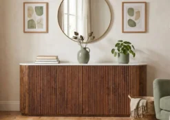 Sideboard 200x80cm "Valencia"' Mango braun lackiert & Marmor weiss 4 Türen