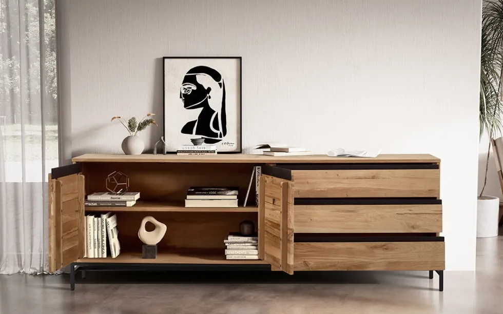 Sideboard 189x67cm 'Veneza' Wildeiche & Metall schwarz