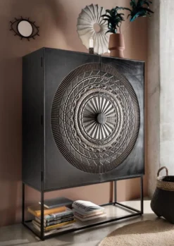 Solitärschrank 115x160cm 'Mahal' Mangoholz schwarz mit Schnitzereien