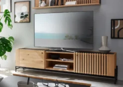 TV Board 200cm Wildeiche geölt 'Amalfi' verschiedene Ausführungen mit Glasplatte Metallgestell schwarz
