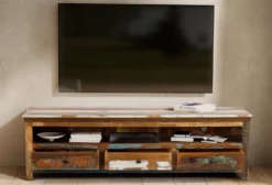 TV Board 170x50cm 'Hawkins' recyceltes Altholz mehrfarbig lackiert 3 Schubkästen
