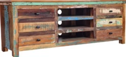 TV Board 160x60cm 'Hawkins' recyceltes Altholz mehrfarbig lackiert 6 Schubkästen