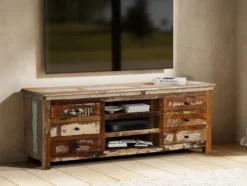 TV Board 160x60cm 'Hawkins' recyceltes Altholz mehrfarbig lackiert 6 Schubkästen