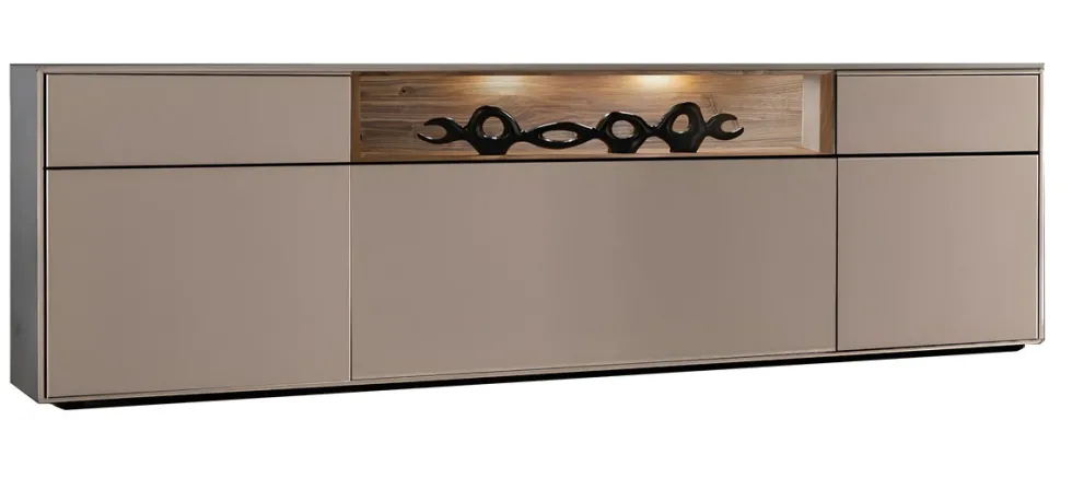 TV Board 180x55cm 'Locarno II' Nussbaum massiv & MDF creme inkl.Beleuchtung