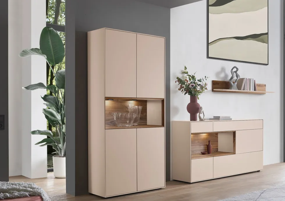 TV Board 180x55cm 'Locarno II' Nussbaum massiv & MDF creme inkl.Beleuchtung