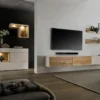TV Board 180x55cm 'Locarno' Wildeiche massiv & MDF creme inkl.Beleuchtung