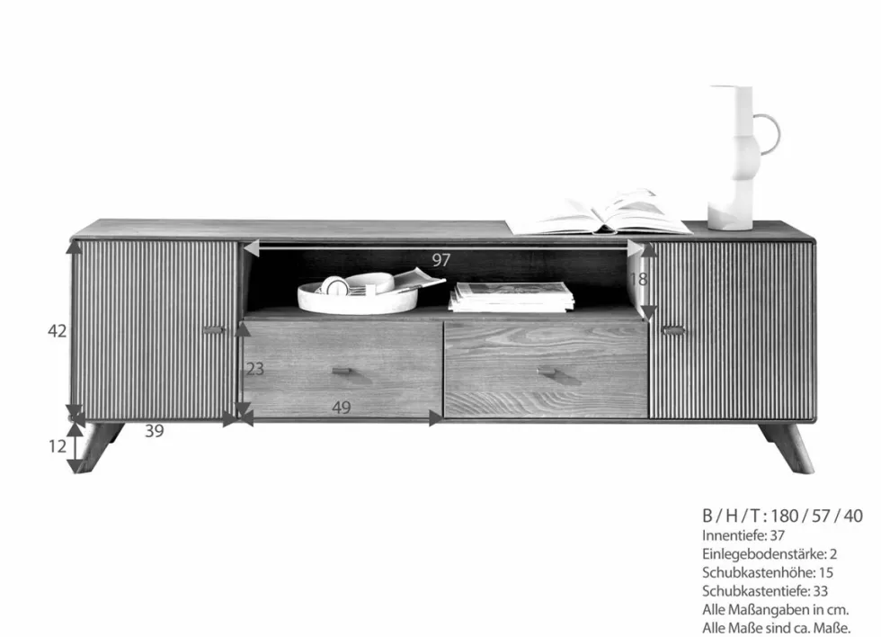 TV Board 180x57cm "Lugano" Kernbuche massiv Tabak geölt