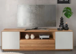 TV Board 158x44cm "Trentino" Wildeiche & Glas weiß