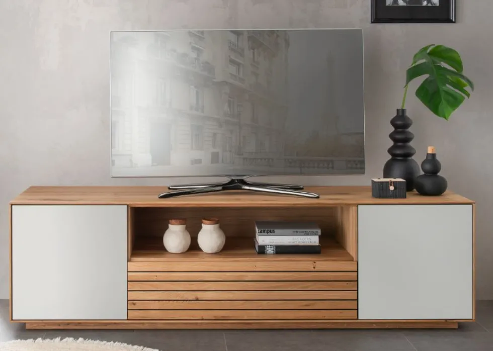 TV Board 158x44cm "Trentino" Wildeiche & Glas weiß