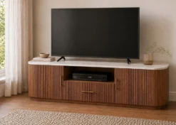 TV Board 200x55cm "Valencia"' Mango braun lackiert & Marmor weiss 2 Türen