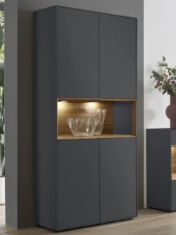 Vitrine 90x200cm 'Locarno' Wildeiche massiv & MDF anthrazit inkl.Beleuchtung