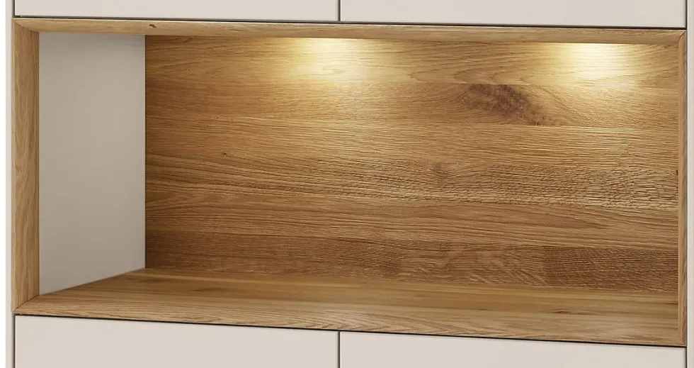 Vitrine 90x200cm 'Locarno' Wildeiche massiv & MDF creme inkl.Beleuchtung