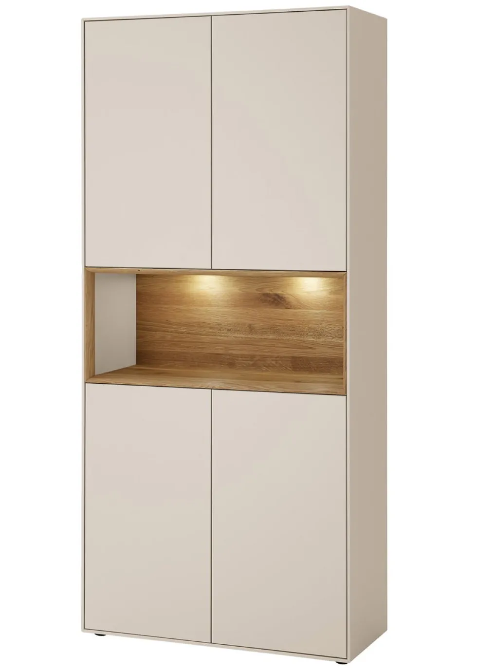 Vitrine 90x200cm 'Locarno' Wildeiche massiv & MDF creme inkl.Beleuchtung