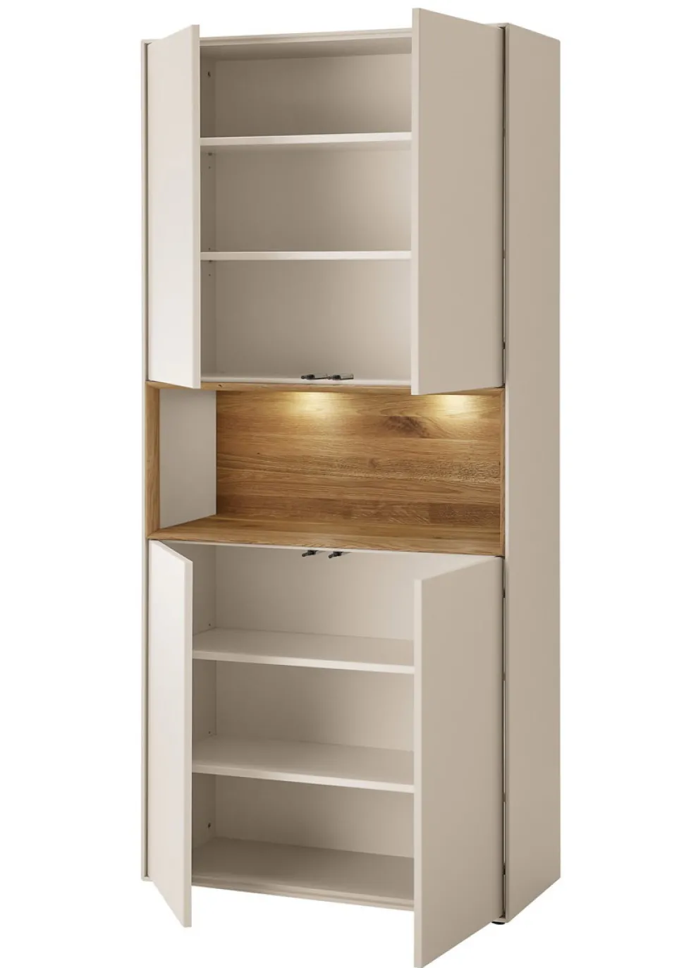 Vitrine 90x200cm 'Locarno' Wildeiche massiv & MDF creme inkl.Beleuchtung