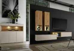 Vitrine 90x200cm 'Locarno' Wildeiche massiv & MDF creme inkl.Beleuchtung