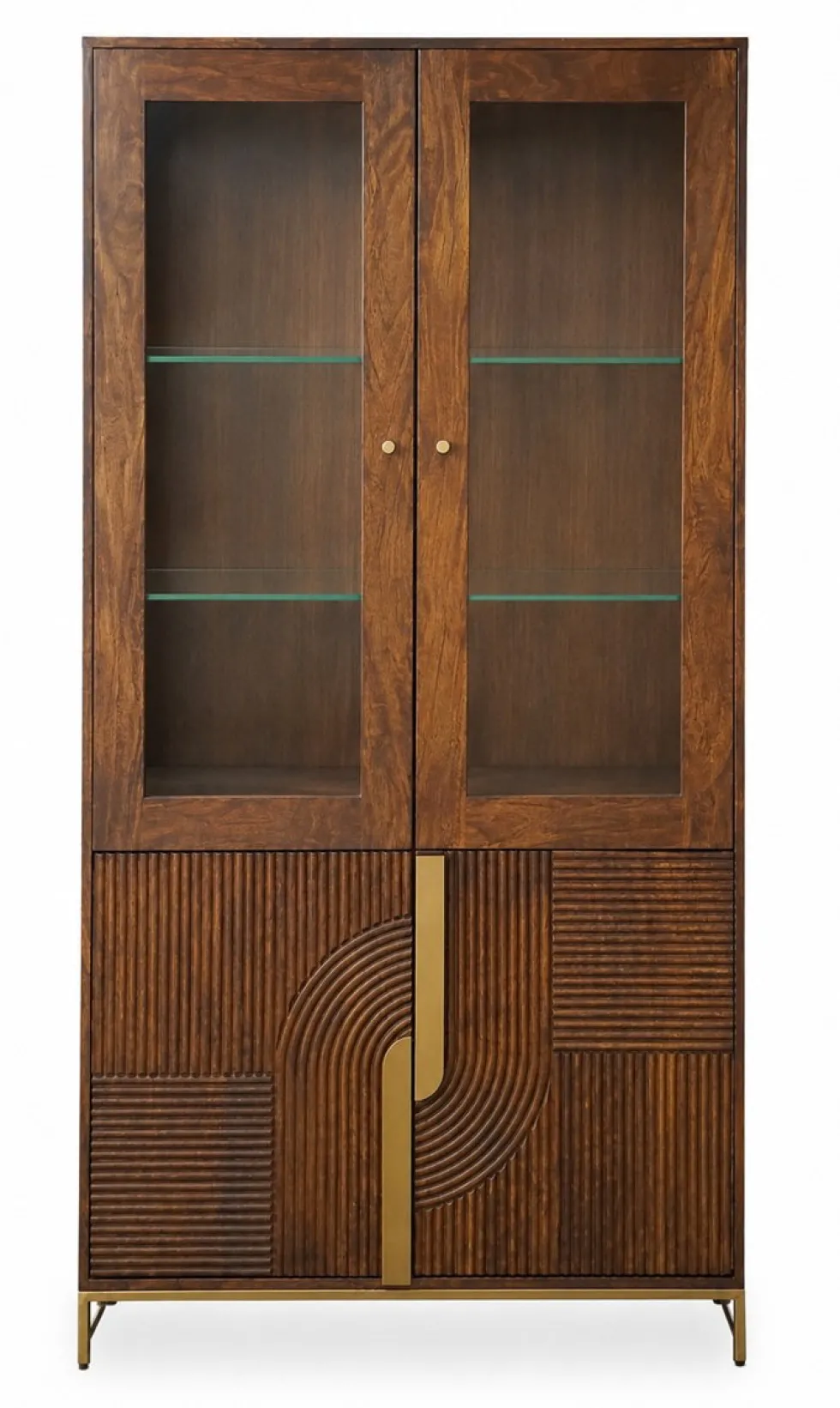 Vitrine 100x200cm 'Marvello' Mango braun & Metall goldfarbig Glastür
