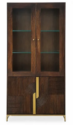 Vitrine 100x200cm 'Marvello' Mango mahagoni & Metall goldfarbig Glastür
