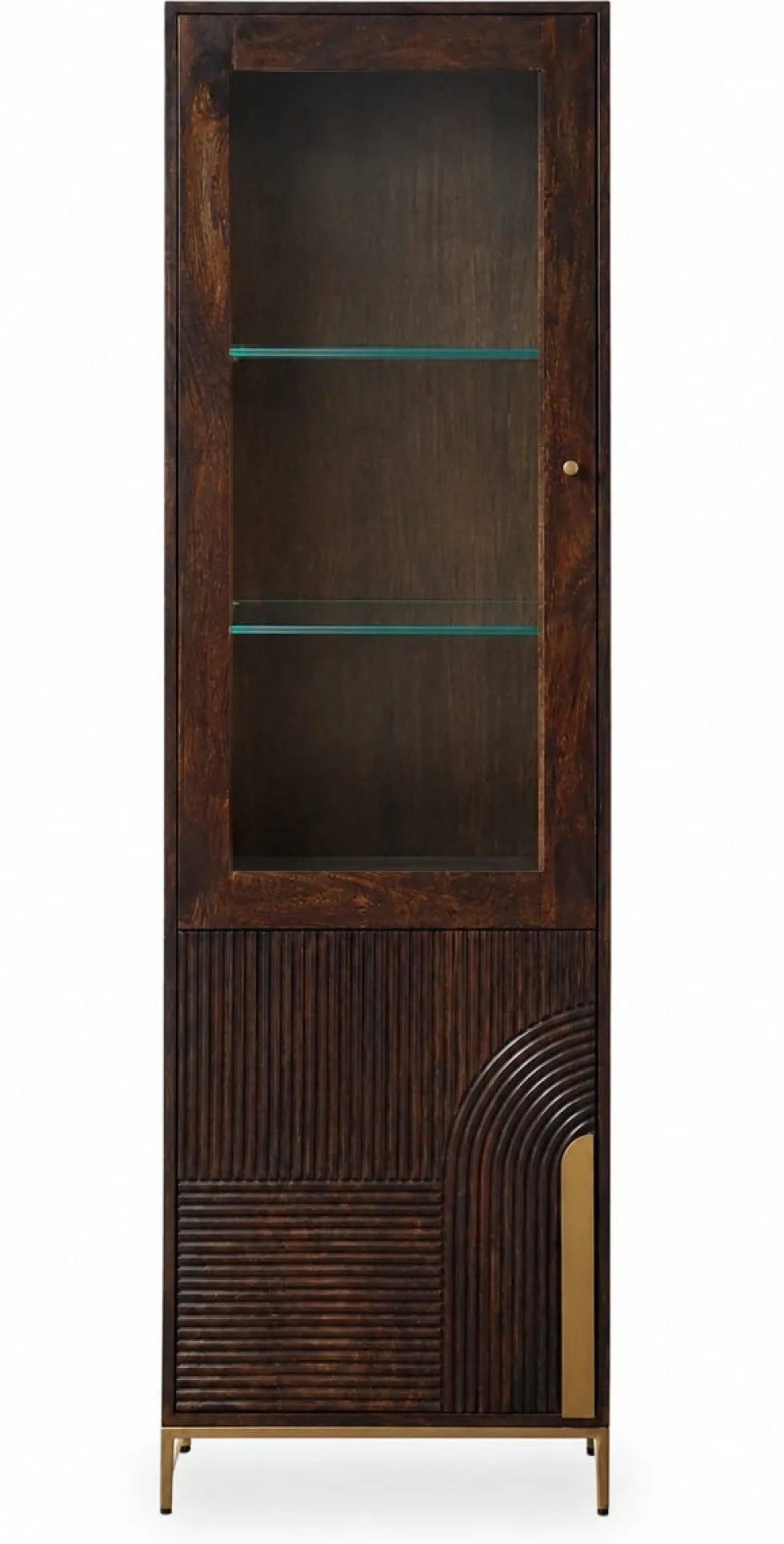 Vitrine 60x200cm 'Marvello' Mango mahagoni & Metall goldfarbig Glastür