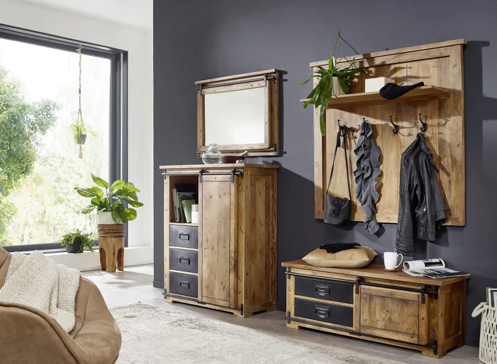 Wandgarderobe mit Spiegel 105x140cm 'Railroad' Mango & Eisen