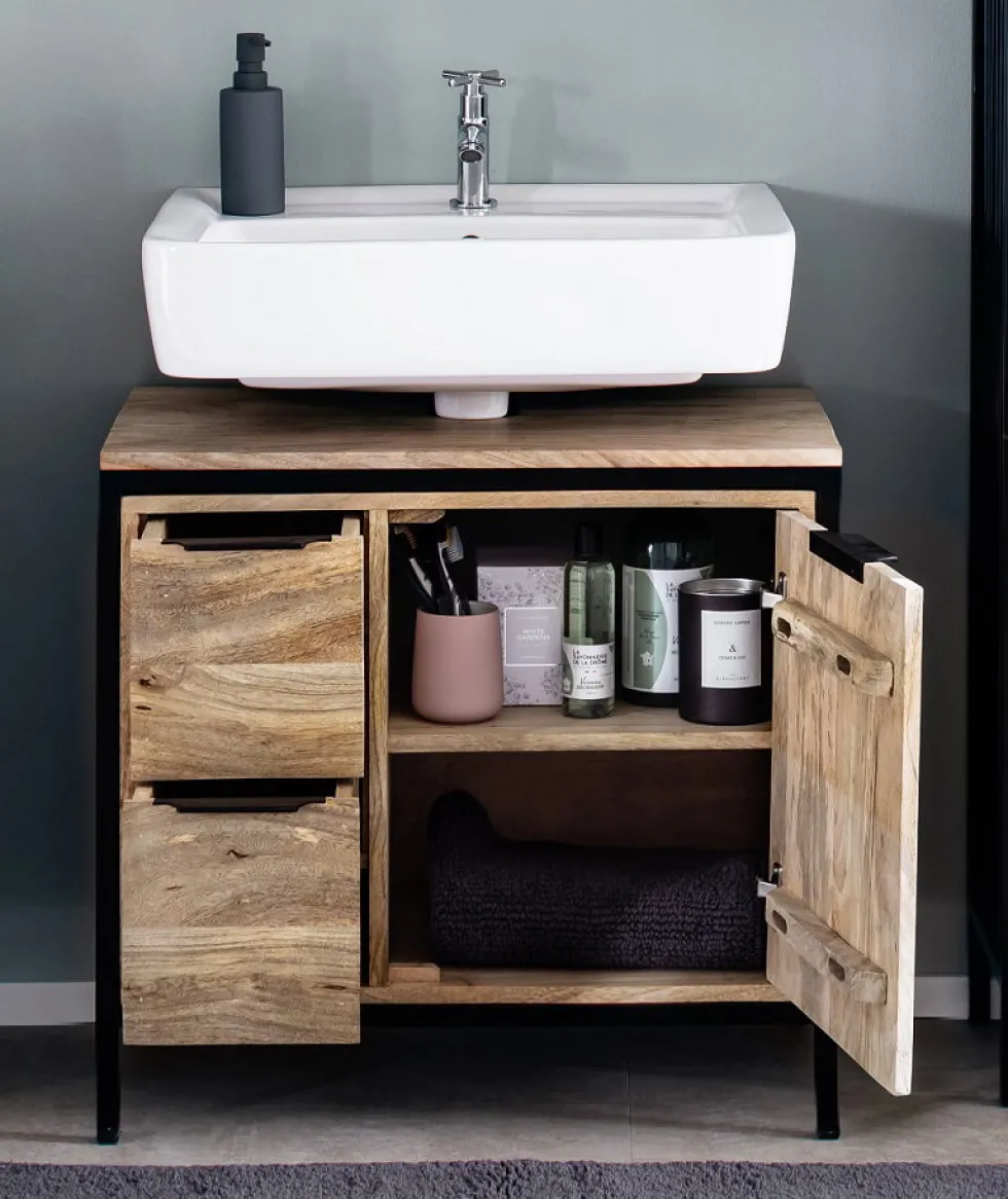 Waschbeckenunterschrank 68x63cm 'Brooklyn' Mango & Metall schwarz