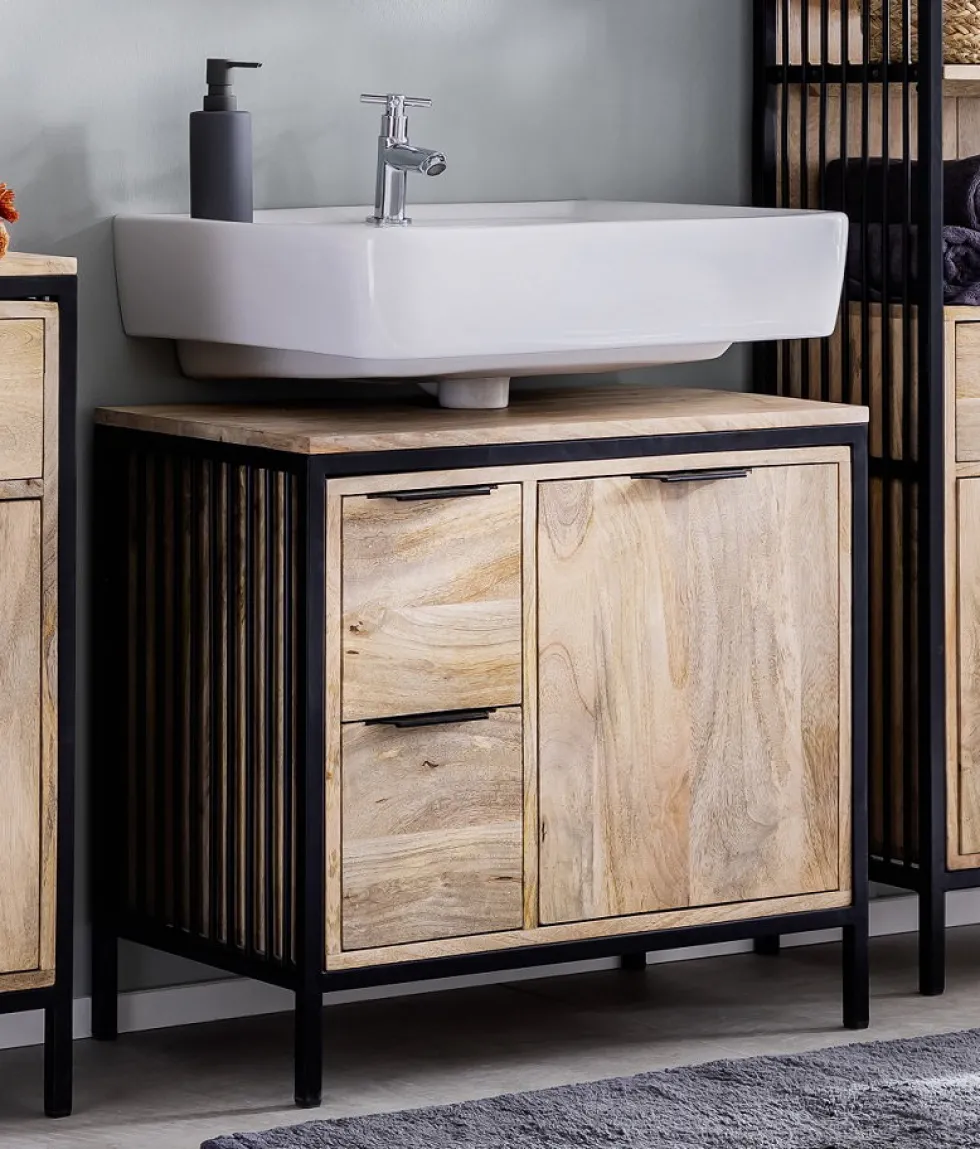 Waschbeckenunterschrank 68x63cm 'Brooklyn' Mango & Metall schwarz