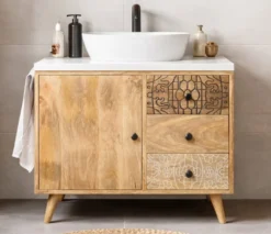 Waschbeckenunterschrank 68x60cm 'Lyn' Mangoholz mit schwarzen Ornamenten