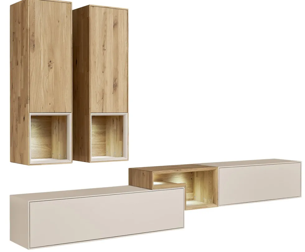 Wohnwand II 285cm 'Locarno' Wildeiche massiv & MDF creme inkl.Beleuchtung