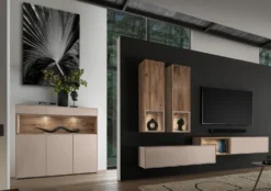 Wohnwand III 280cm 'Locarno II' Nussbaum massiv & MDF creme inkl.Beleuchtung