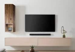 Wohnwand III 280cm 'Locarno II' Nussbaum massiv & MDF creme inkl.Beleuchtung